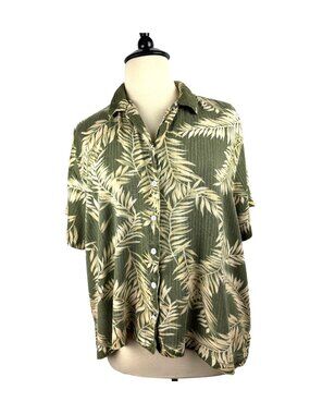 VTG Krazy Kat Women's Green Tropical Leaf Button-Up Shirt 3X Rayon Short Sleeve